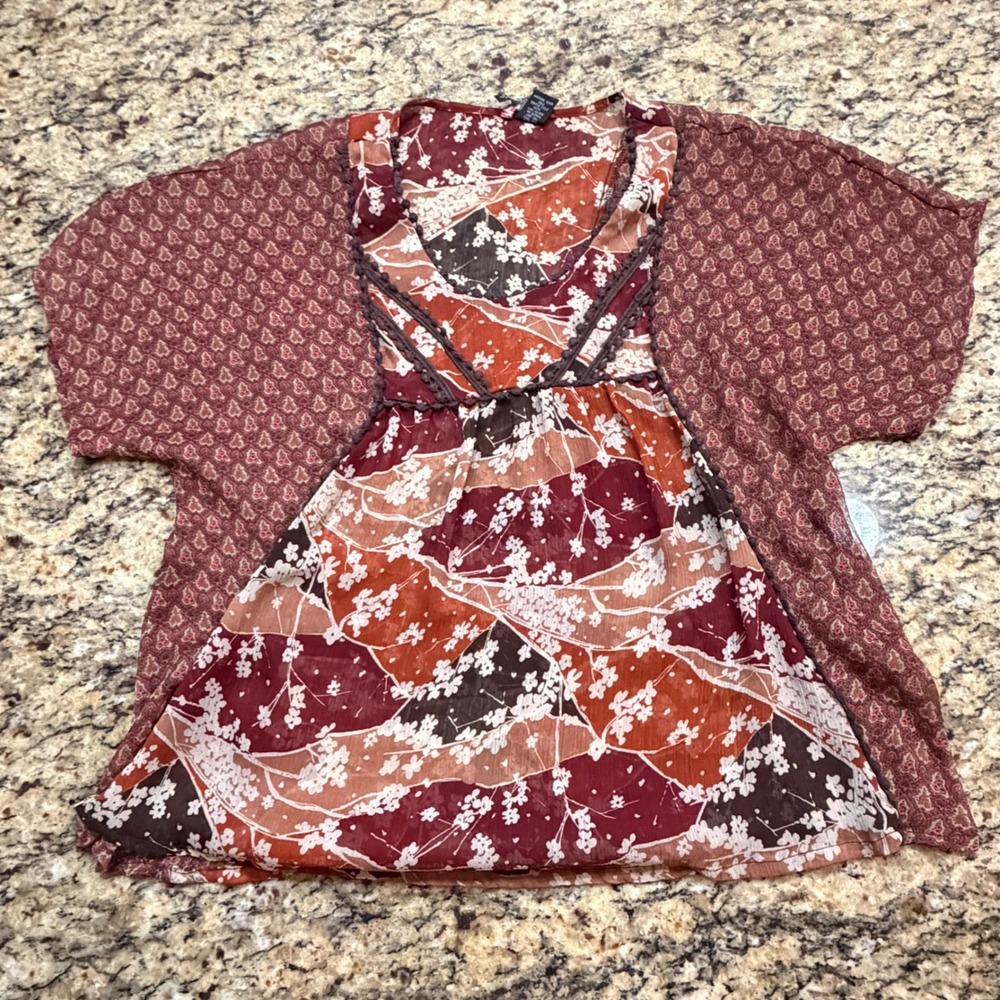 Fire Los Angeles Boho Floral Mixed Print Babydoll Blouse Burgundy Orange M v